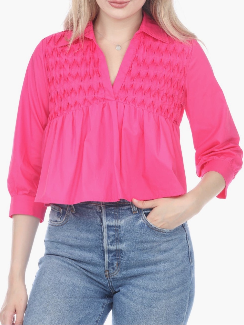 NWT hot pink cotton Rain smocked babydoll top L